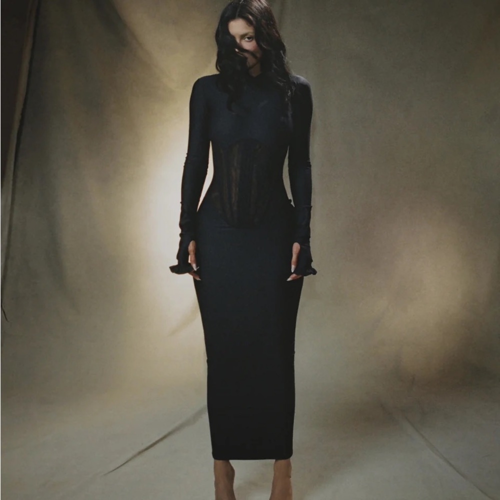 Long-Sleeve Black Mesh-Corset Bodycon Dress - Picture 2 of 2